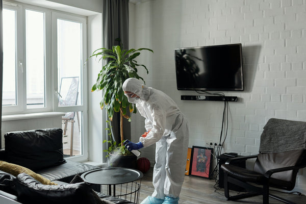 Hombre desinfectando su hogar